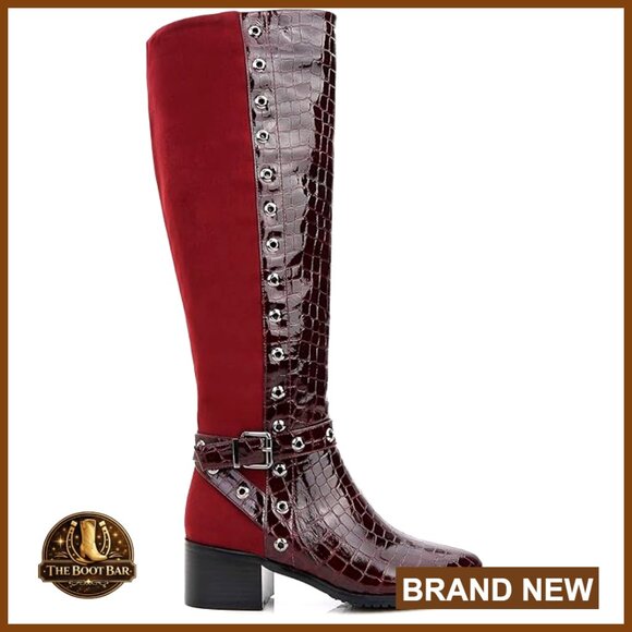 Knee-High Boots with Crocodile Print Perforated Trim 2.25 Inch Heel